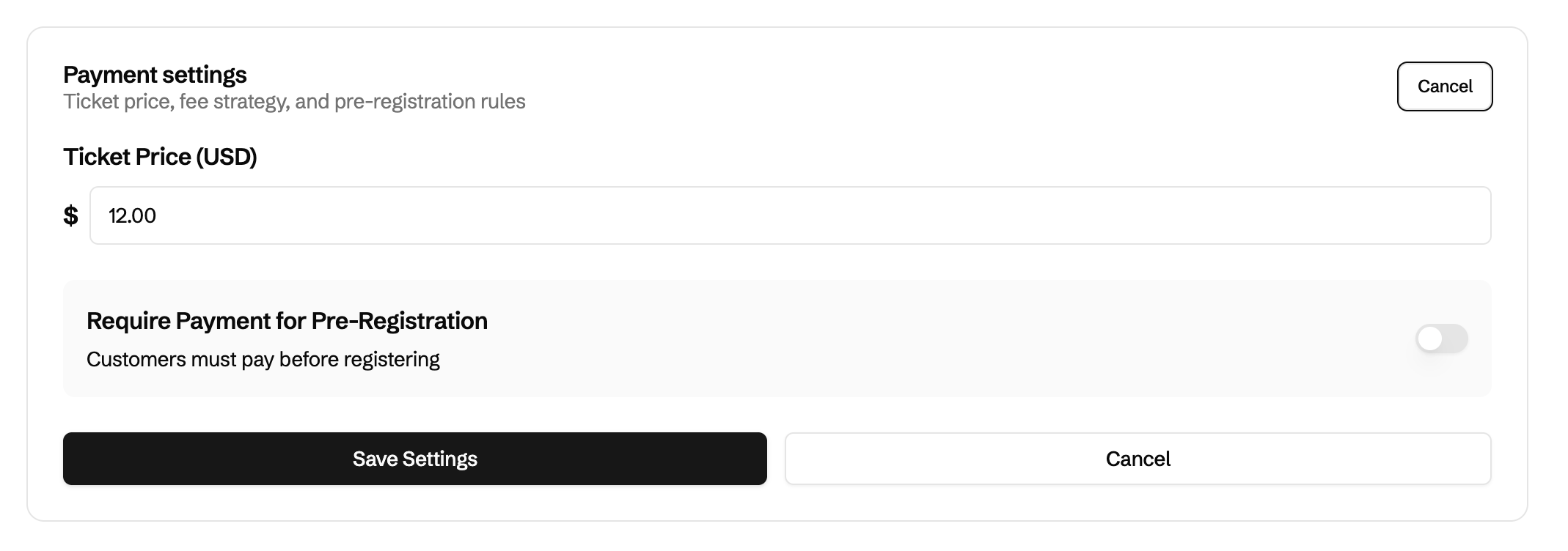 Payment settings with ticket price