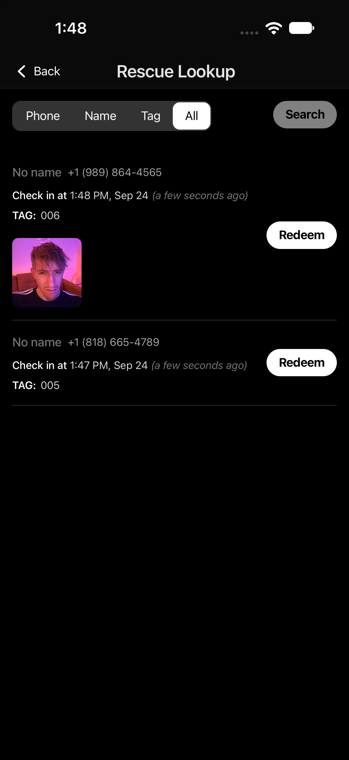Staff app rescue lookup with tonight's open tickets, tags, and item photos