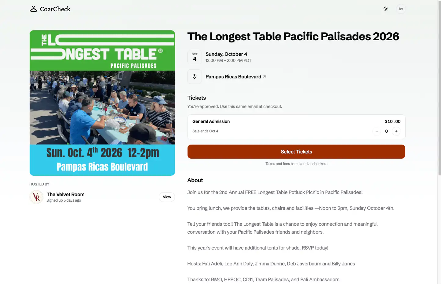 Public event page for The Longest Table Pacific Palisades 2026, with photo, date, venue, and ticket tiers