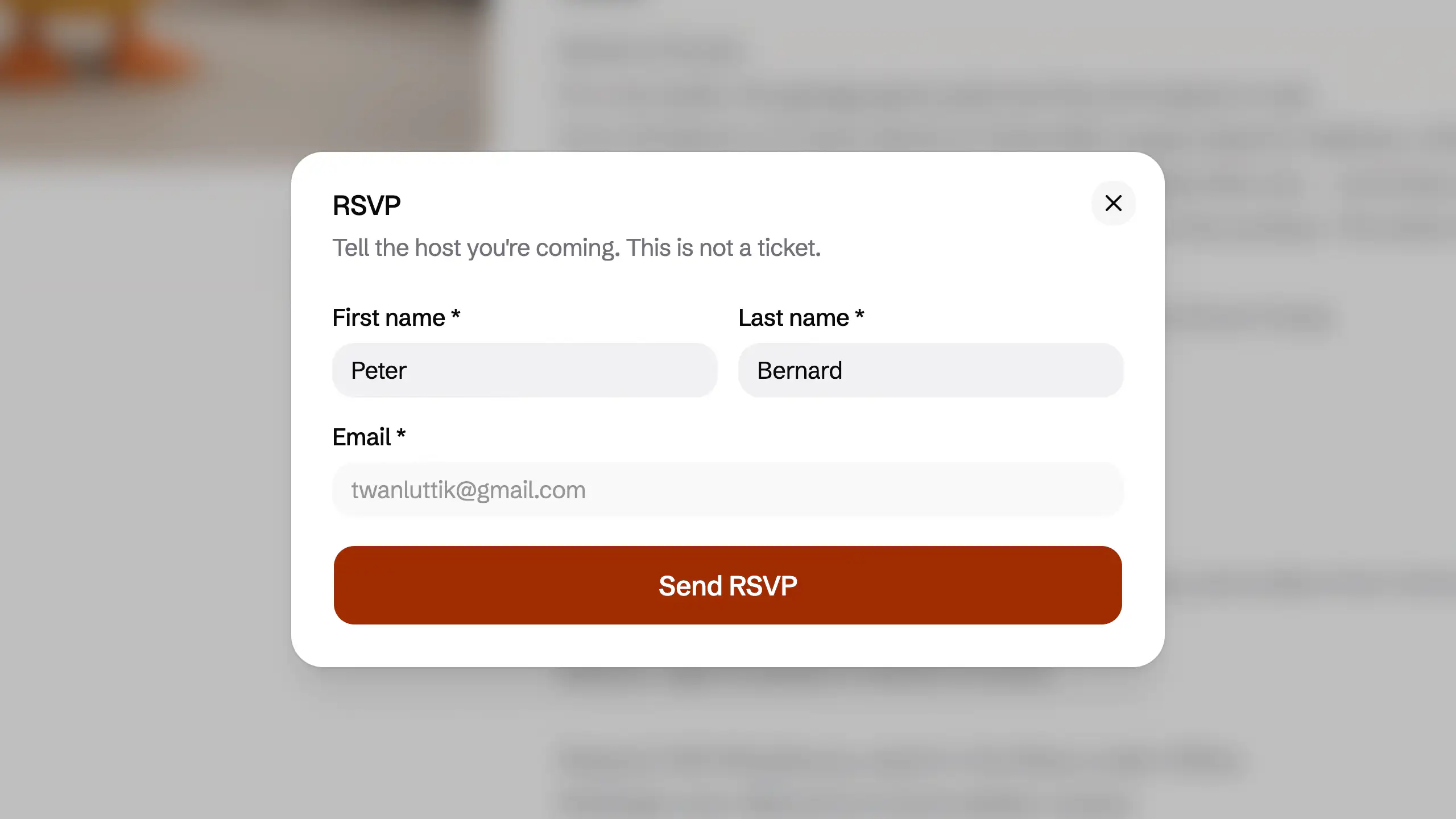 RSVP form asking for a first name, last name, and email, noted as not a ticket