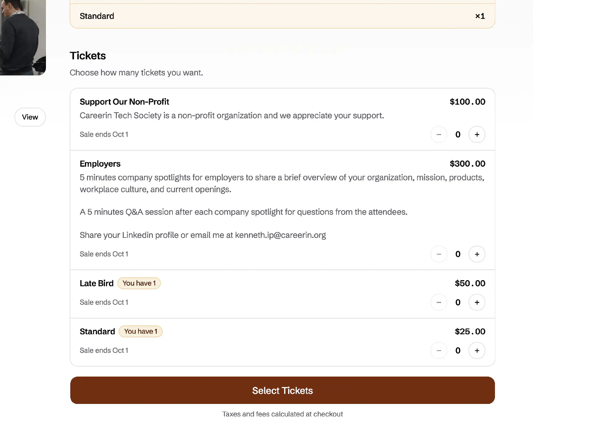 Ticket list with several paid tiers, each with a price and a sale end date